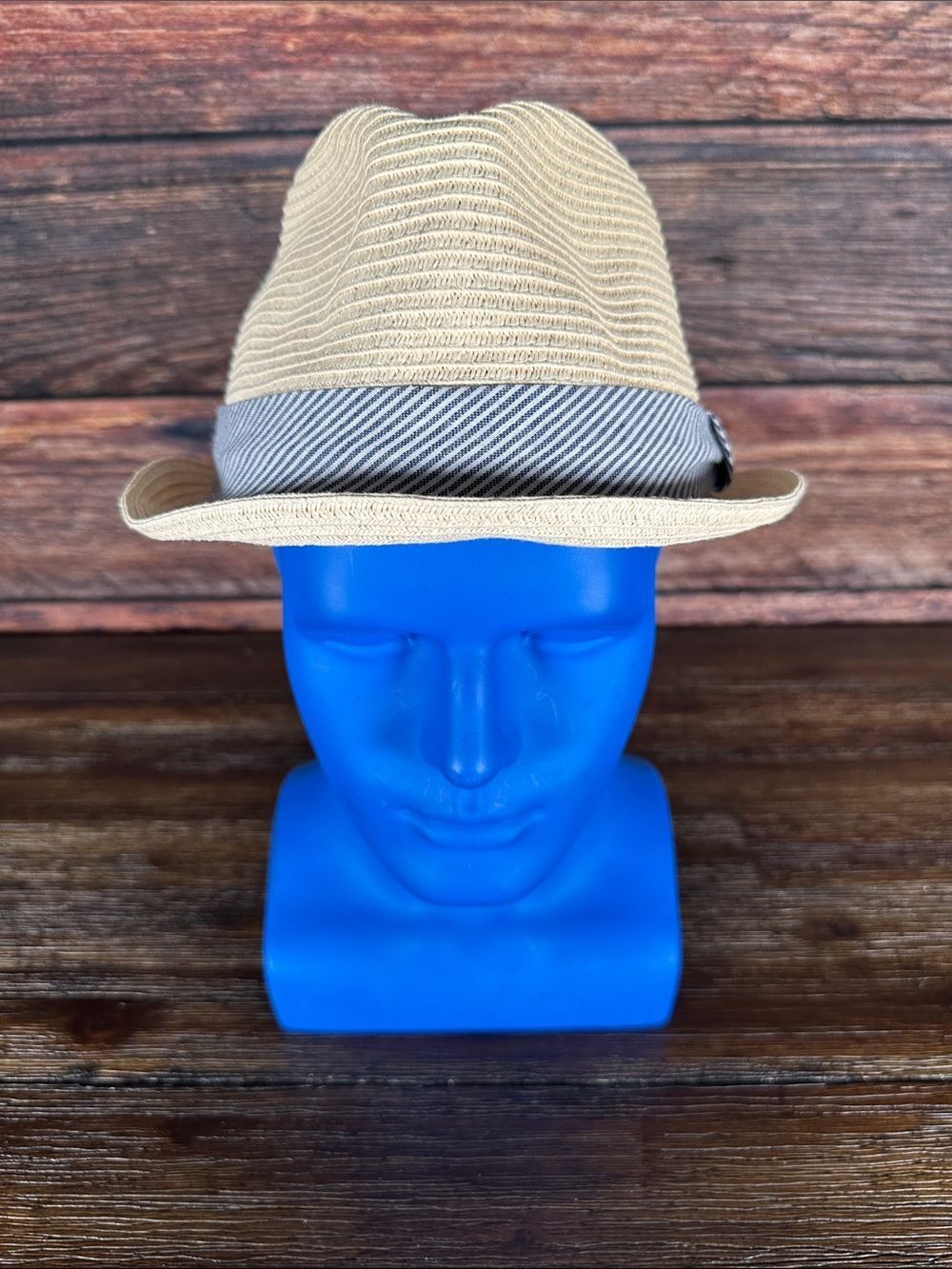 Glory by Goorin Beige Straw Fedora Hat with White and Navy stripped band!